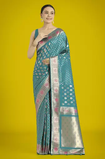 rama silk blend banarasi jacuard work saree with unstitched blouse piece
