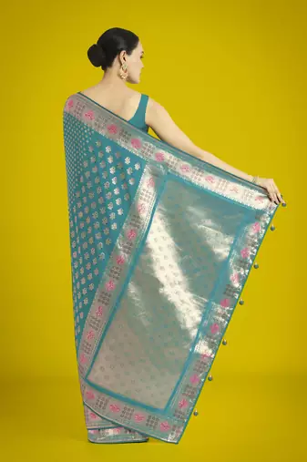 rama silk blend banarasi jacuard work saree with unstitched blouse piece