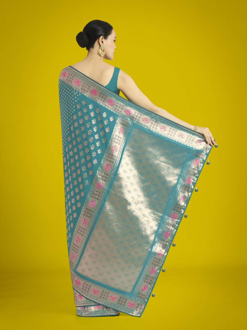 rama silk blend banarasi jacuard work saree with unstitched blouse piece