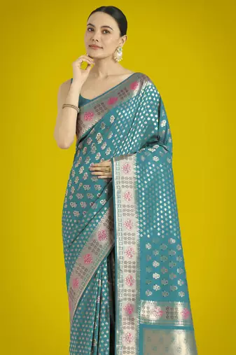 rama silk blend banarasi jacuard work saree with unstitched blouse piece