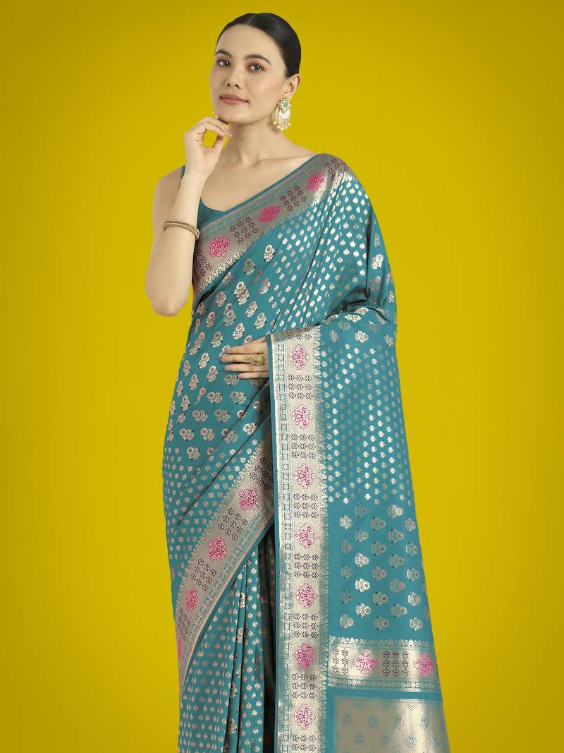 rama silk blend banarasi jacuard work saree with unstitched blouse piece