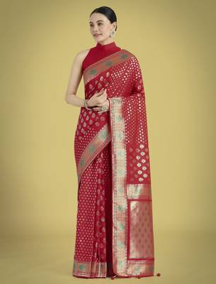 red silk blend banarasi jacuard work saree with unstitched blouse piece 1