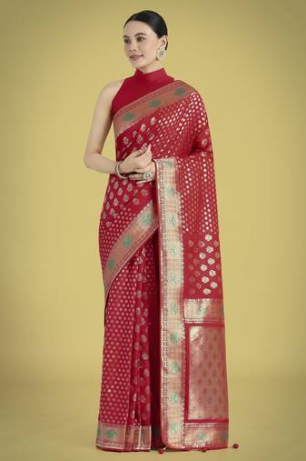 red silk blend banarasi jacuard work saree with unstitched blouse piece