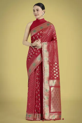 red silk blend banarasi jacuard work saree with unstitched blouse piece