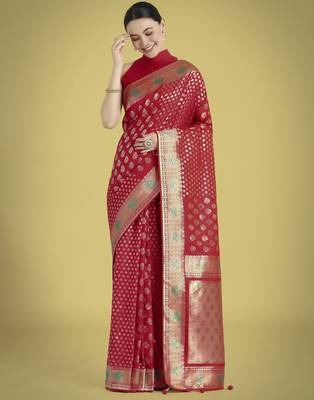 red silk blend banarasi jacuard work saree with unstitched blouse piece 2