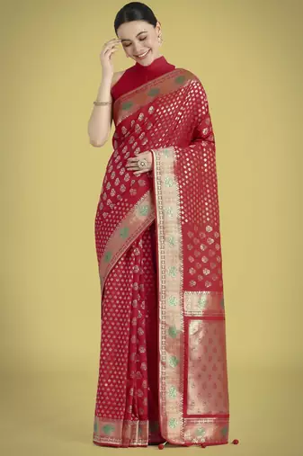 red silk blend banarasi jacuard work saree with unstitched blouse piece