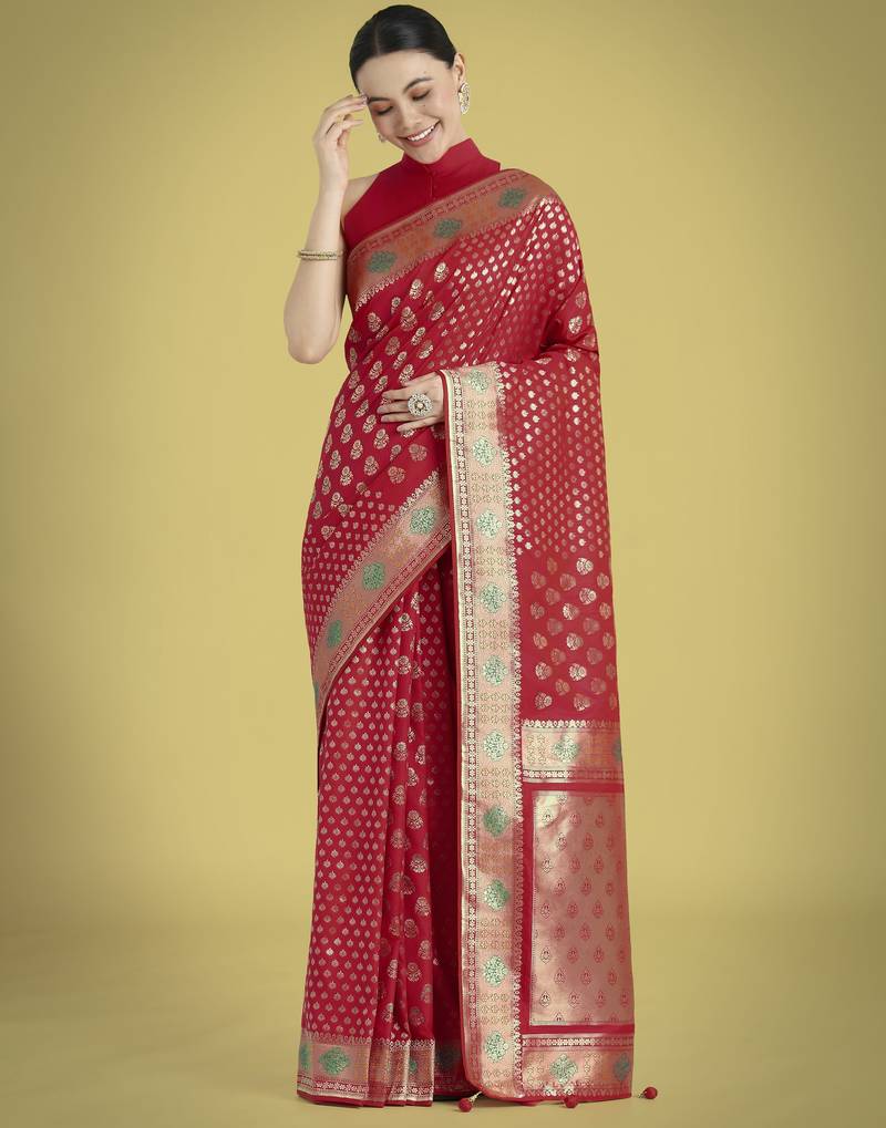 red silk blend banarasi jacuard work saree with unstitched blouse piece