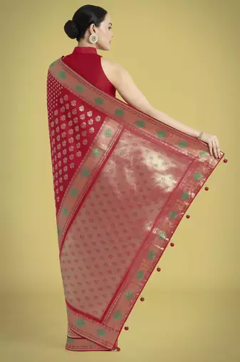 red silk blend banarasi jacuard work saree with unstitched blouse piece