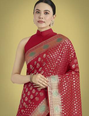 red silk blend banarasi jacuard work saree with unstitched blouse piece 4