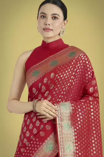 red silk blend banarasi jacuard work saree with unstitched blouse piece