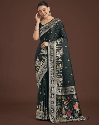 green silk blend banarasi jacuard work saree with unstitched blouse piece 1
