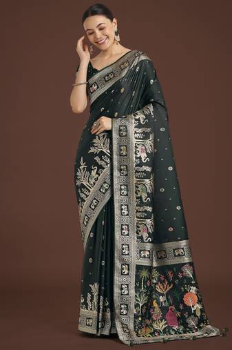 green silk blend banarasi jacuard work saree with unstitched blouse piece