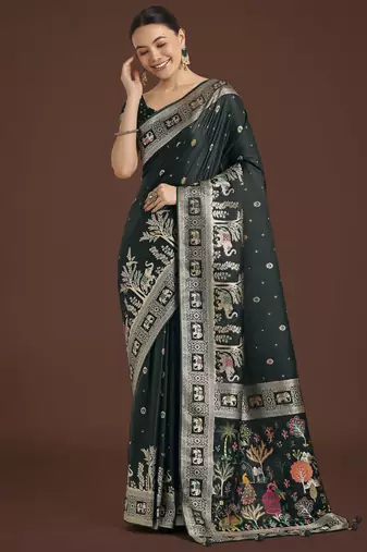 green silk blend banarasi jacuard work saree with unstitched blouse piece