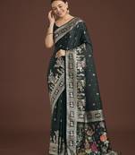green silk blend banarasi jacuard work saree with unstitched blouse piece