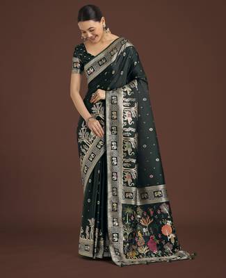 green silk blend banarasi jacuard work saree with unstitched blouse piece 2