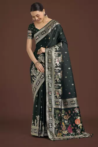 green silk blend banarasi jacuard work saree with unstitched blouse piece