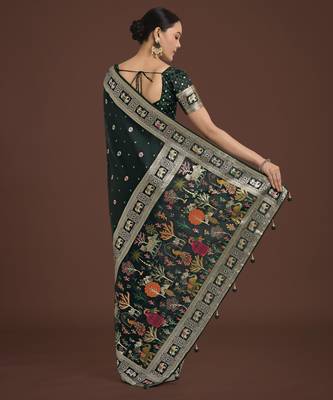 green silk blend banarasi jacuard work saree with unstitched blouse piece 3