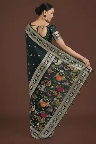 green silk blend banarasi jacuard work saree with unstitched blouse piece