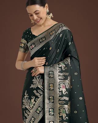 green silk blend banarasi jacuard work saree with unstitched blouse piece 4