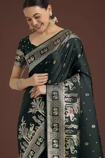 green silk blend banarasi jacuard work saree with unstitched blouse piece