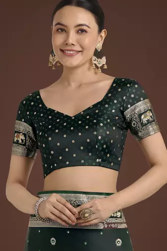 green silk blend banarasi jacuard work saree with unstitched blouse piece