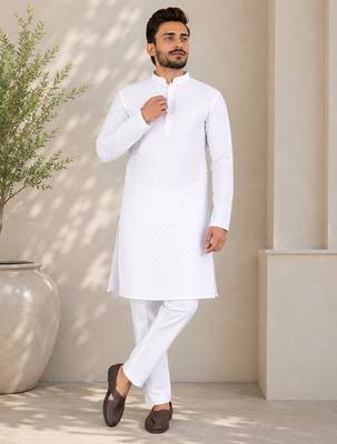 White color traditional chikankari embroidery cotton men's kurta payjama set 1