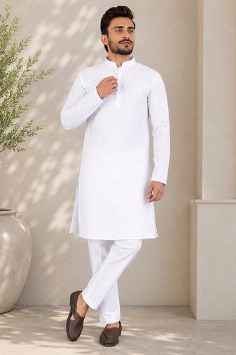 White color traditional chikankari embroidery cotton men's kurta payjama set