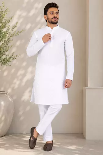 White color traditional chikankari embroidery cotton men's kurta payjama set