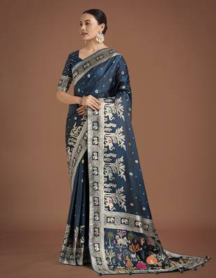 morpich silk blend banarasi jacuard work saree with unstitched blouse piece 1