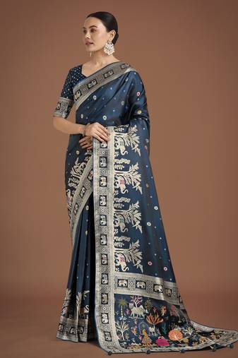 morpich silk blend banarasi jacuard work saree with unstitched blouse piece
