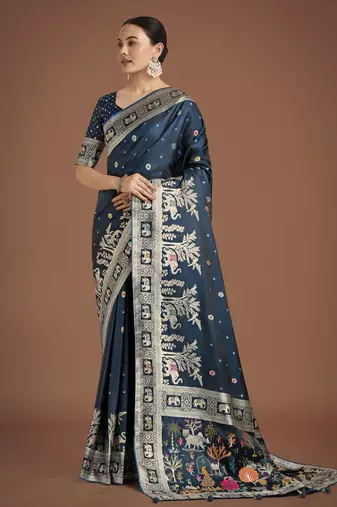 morpich silk blend banarasi jacuard work saree with unstitched blouse piece