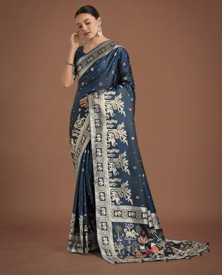 morpich silk blend banarasi jacuard work saree with unstitched blouse piece 2