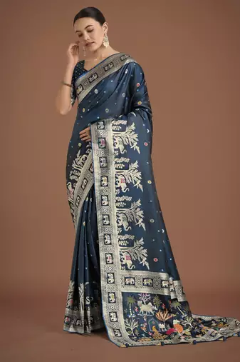 morpich silk blend banarasi jacuard work saree with unstitched blouse piece
