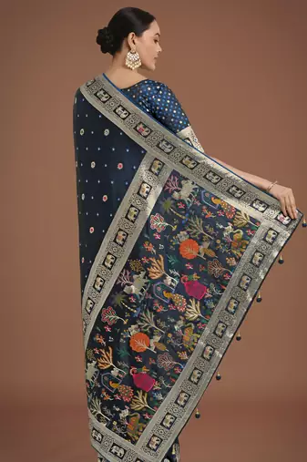 morpich silk blend banarasi jacuard work saree with unstitched blouse piece