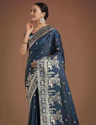 morpich silk blend banarasi jacuard work saree with unstitched blouse piece 4
