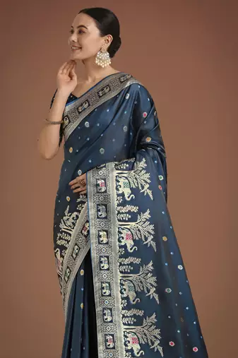 morpich silk blend banarasi jacuard work saree with unstitched blouse piece