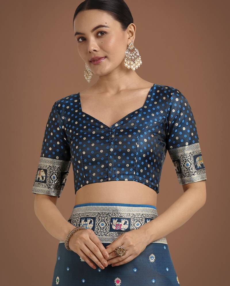 morpich silk blend banarasi jacuard work saree with unstitched blouse piece