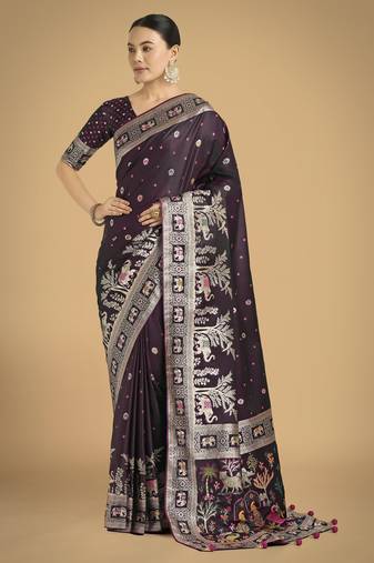 wine silk blend banarasi jacuard work saree with unstitched blouse piece