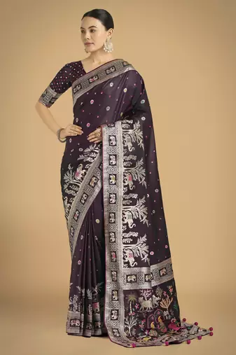 wine silk blend banarasi jacuard work saree with unstitched blouse piece