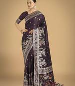 wine silk blend banarasi jacuard work saree with unstitched blouse piece