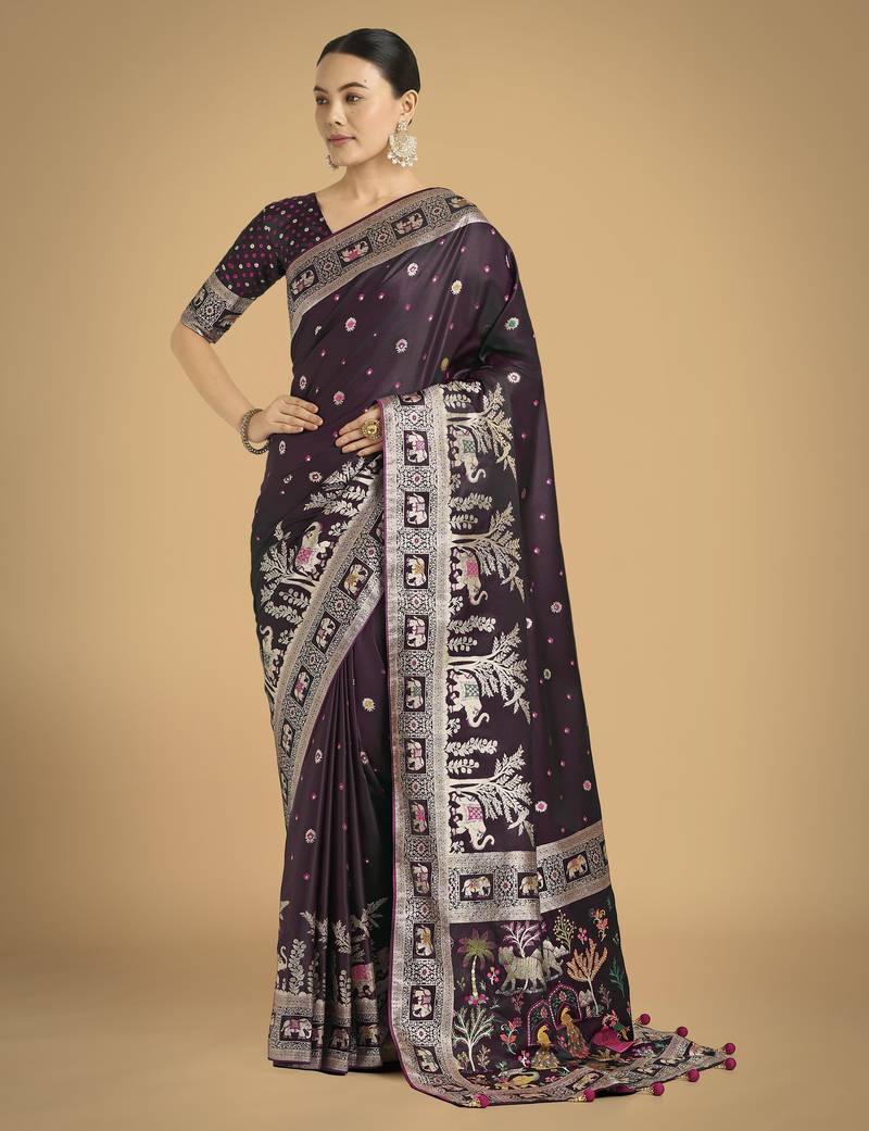wine silk blend banarasi jacuard work saree with unstitched blouse piece