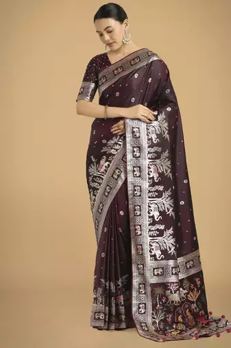 wine silk blend banarasi jacuard work saree with unstitched blouse piece