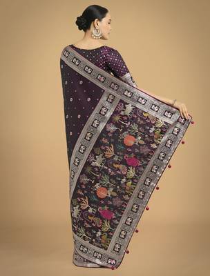 wine silk blend banarasi jacuard work saree with unstitched blouse piece 3