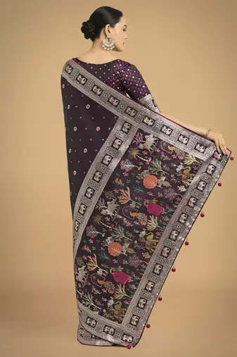 wine silk blend banarasi jacuard work saree with unstitched blouse piece