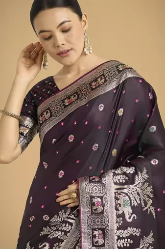 wine silk blend banarasi jacuard work saree with unstitched blouse piece