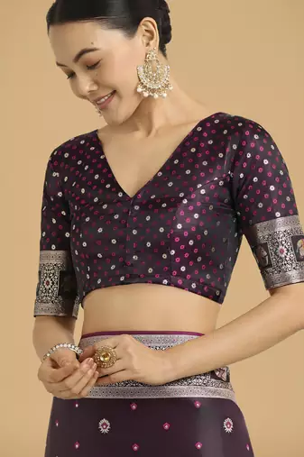 wine silk blend banarasi jacuard work saree with unstitched blouse piece