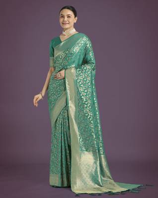 teal green silk blend banarasi jacuard work saree with unstitched blouse piece 1