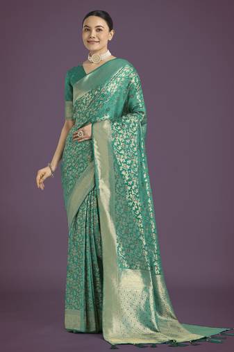 teal green silk blend banarasi jacuard work saree with unstitched blouse piece
