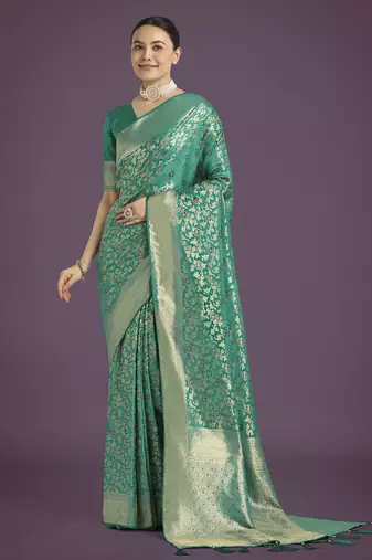 teal green silk blend banarasi jacuard work saree with unstitched blouse piece