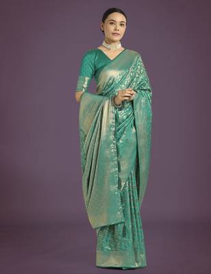 teal green silk blend banarasi jacuard work saree with unstitched blouse piece 2